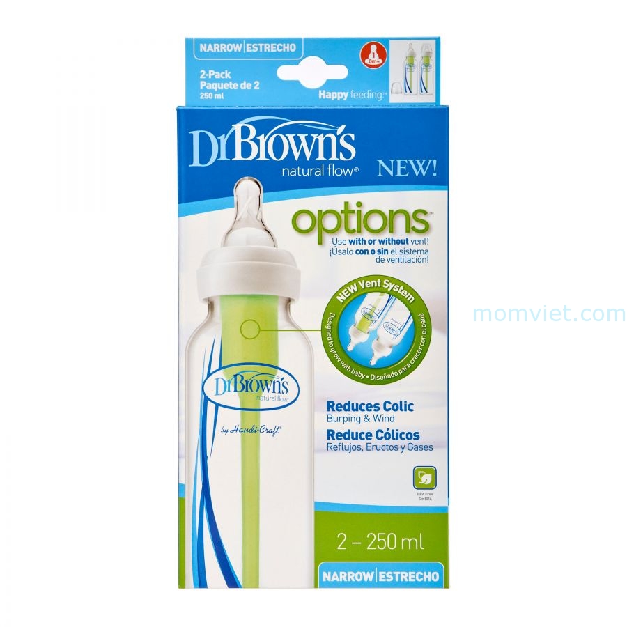 Bộ 2 bình sữa Dr Brown's cổ thường options (250ml)