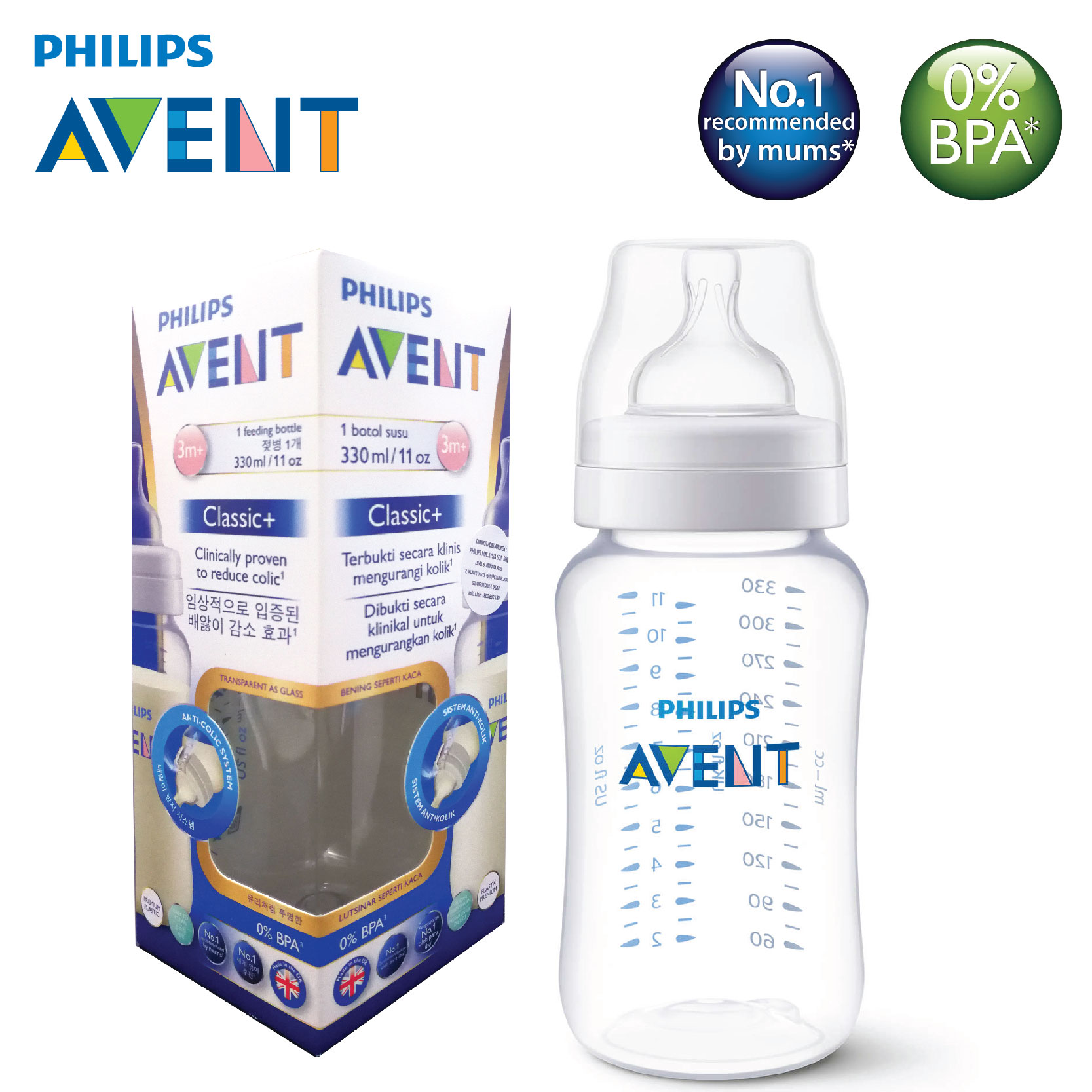 Bình sữa đôi Classic Avent 330ml-SCF456/17(3m+)